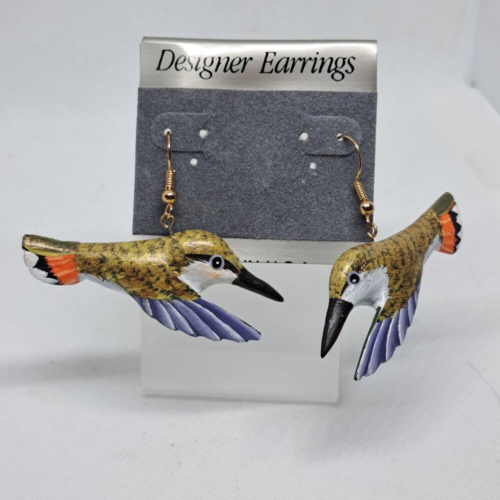 80's Handmade Handpainted Flying Hummingbird Dangle pierced earrings - Picture 4 of 8